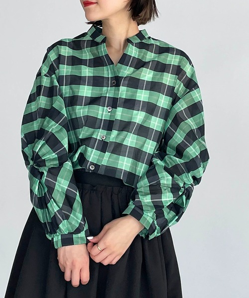 DIARIUM（ディアリウム）の「チェックツイストスリーブブラウス（シャツ/ブラウス・レディース・グリーン/アイボリー・M）」の2枚目の写真
