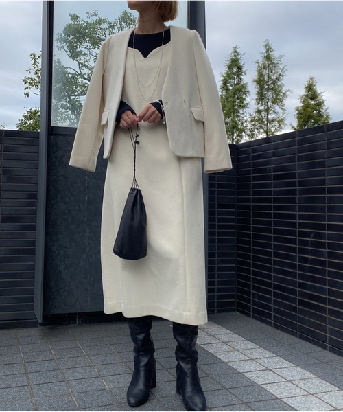 セール】パフスリーブノーカラーVネックジャケット（ノーカラー