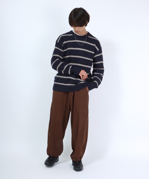 Salong hameu(サロン ハミュー)の「細ピッチボーダーニット セータープルオーバートップス メンズ レディース/ウォッシャブルニット(ニット/セーター・メンズ・グレイッシュベージュ/ブラック/オフホワイト/ネイビー・M/L/LL)」の22枚目の写真