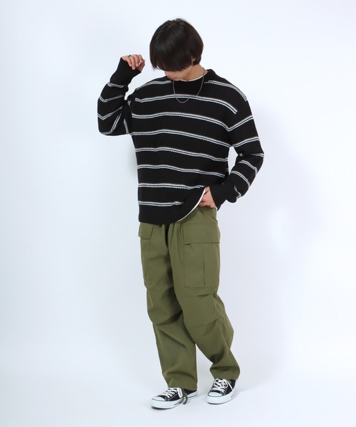 Salong hameu(サロン ハミュー)の「細ピッチボーダーニット セータープルオーバートップス メンズ レディース/ウォッシャブルニット(ニット/セーター・メンズ・グレイッシュベージュ/ブラック/オフホワイト/ネイビー・M/L/LL)」の14枚目の写真