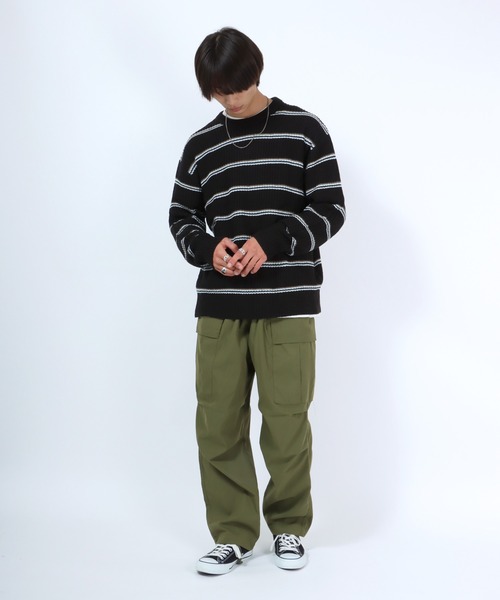 Salong hameu(サロン ハミュー)の「細ピッチボーダーニット セータープルオーバートップス メンズ レディース/ウォッシャブルニット(ニット/セーター・メンズ・グレイッシュベージュ/ブラック/オフホワイト/ネイビー・M/L/LL)」の13枚目の写真