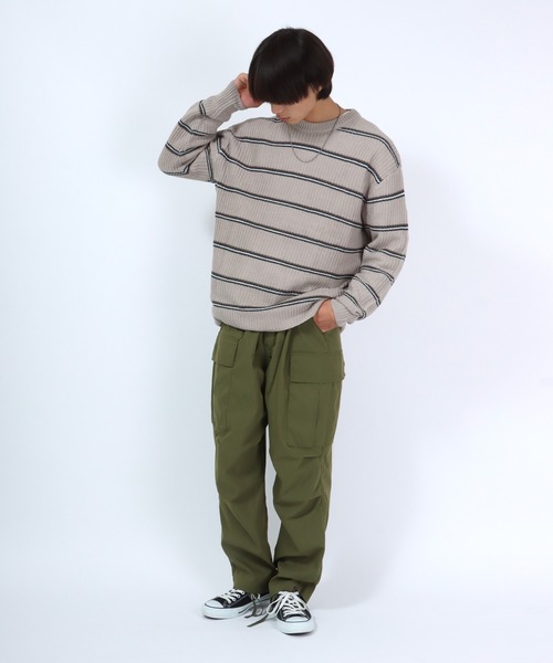 Salong hameu(サロン ハミュー)の「細ピッチボーダーニット セータープルオーバートップス メンズ レディース/ウォッシャブルニット(ニット/セーター・メンズ・グレイッシュベージュ/ブラック/オフホワイト/ネイビー・M/L/LL)」の18枚目の写真