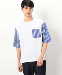 シルケットコットン天竺 ストライプ柄 布帛コンビ 5分袖 Tシャツ