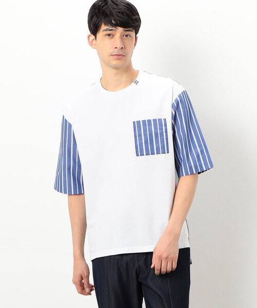 COMME CA ISM（コムサイズム）の「シルケットコットン天竺　ストライプ柄　布帛コンビ　5分袖　Tシャツ（Tシャツ/カットソー・メンズ・ネイビー/ホワイト・L/M）」の2枚目の写真
