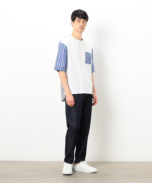 COMME CA ISM（コムサイズム）の「シルケットコットン天竺　ストライプ柄　布帛コンビ　5分袖　Tシャツ（Tシャツ/カットソー・メンズ・ネイビー/ホワイト・L/M）」の3枚目の写真