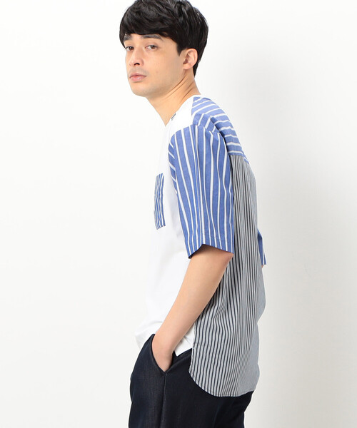 COMME CA ISM（コムサイズム）の「シルケットコットン天竺　ストライプ柄　布帛コンビ　5分袖　Tシャツ（Tシャツ/カットソー・メンズ・ネイビー/ホワイト・L/M）」の4枚目の写真
