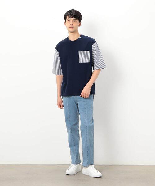 COMME CA ISM（コムサイズム）の「シルケットコットン天竺　ストライプ柄　布帛コンビ　5分袖　Tシャツ（Tシャツ/カットソー・メンズ・ネイビー/ホワイト・L/M）」の5枚目の写真