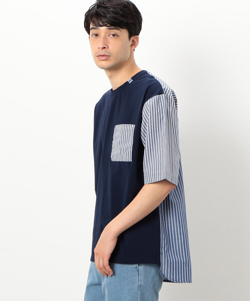 COMME CA ISM（コムサイズム）の「シルケットコットン天竺　ストライプ柄　布帛コンビ　5分袖　Tシャツ（Tシャツ/カットソー・メンズ・ネイビー/ホワイト・L/M）」の6枚目の写真