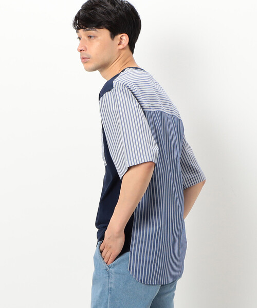 COMME CA ISM（コムサイズム）の「シルケットコットン天竺　ストライプ柄　布帛コンビ　5分袖　Tシャツ（Tシャツ/カットソー・メンズ・ネイビー/ホワイト・L/M）」の7枚目の写真