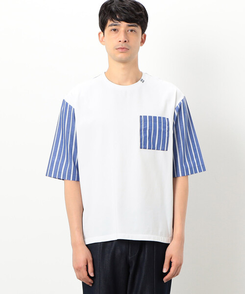 COMME CA ISM（コムサイズム）の「シルケットコットン天竺　ストライプ柄　布帛コンビ　5分袖　Tシャツ（Tシャツ/カットソー・メンズ・ネイビー/ホワイト・L/M）」の8枚目の写真