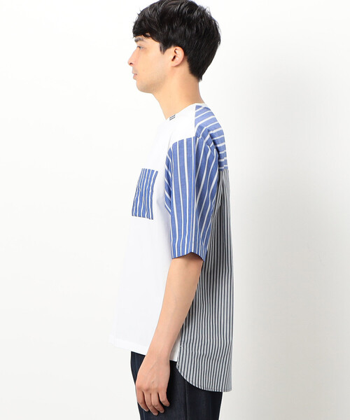 COMME CA ISM（コムサイズム）の「シルケットコットン天竺　ストライプ柄　布帛コンビ　5分袖　Tシャツ（Tシャツ/カットソー・メンズ・ネイビー/ホワイト・L/M）」の9枚目の写真