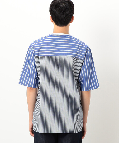 COMME CA ISM（コムサイズム）の「シルケットコットン天竺　ストライプ柄　布帛コンビ　5分袖　Tシャツ（Tシャツ/カットソー・メンズ・ネイビー/ホワイト・L/M）」の10枚目の写真