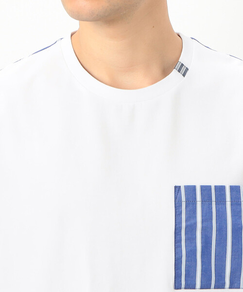 COMME CA ISM（コムサイズム）の「シルケットコットン天竺　ストライプ柄　布帛コンビ　5分袖　Tシャツ（Tシャツ/カットソー・メンズ・ネイビー/ホワイト・L/M）」の11枚目の写真