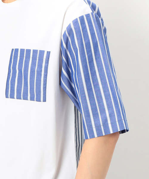 COMME CA ISM（コムサイズム）の「シルケットコットン天竺　ストライプ柄　布帛コンビ　5分袖　Tシャツ（Tシャツ/カットソー・メンズ・ネイビー/ホワイト・L/M）」の12枚目の写真