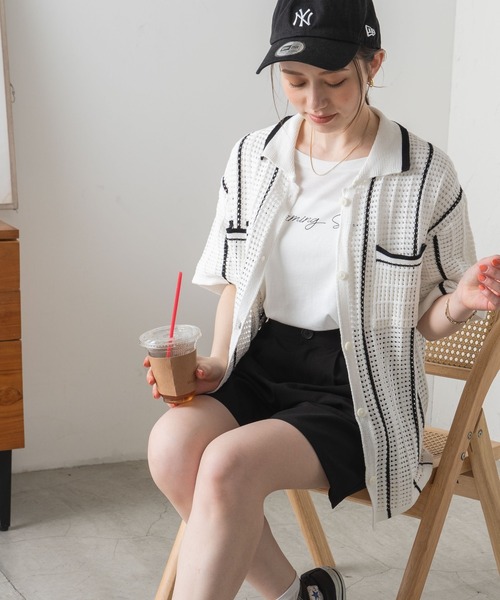 WEGO（ウィゴー）の「WEGO/ストライプメッシュニットシャツ（ニット/セーター・レディース・サックスブルー/ホワイト/ブラック・FREE）」の2枚目の写真