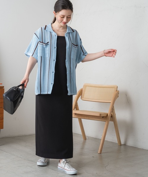 WEGO（ウィゴー）の「WEGO/ストライプメッシュニットシャツ（ニット/セーター・レディース・サックスブルー/ホワイト/ブラック・FREE）」の6枚目の写真