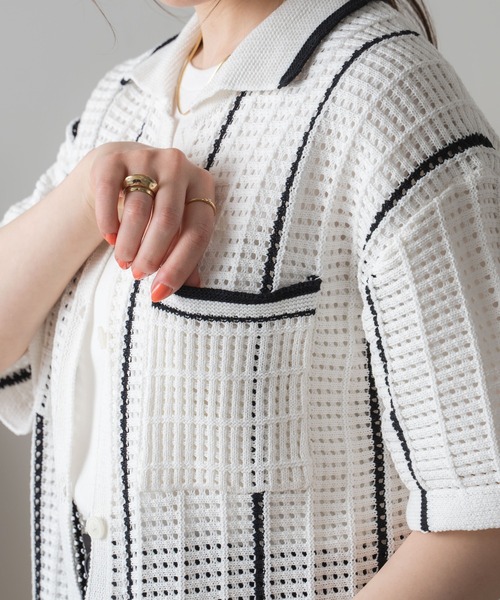 WEGO（ウィゴー）の「WEGO/ストライプメッシュニットシャツ（ニット/セーター・レディース・サックスブルー/ホワイト/ブラック・FREE）」の7枚目の写真