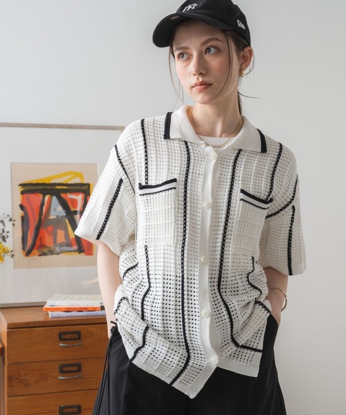 WEGO（ウィゴー）の「WEGO/ストライプメッシュニットシャツ（ニット/セーター・レディース・サックスブルー/ホワイト/ブラック・FREE）」の12枚目の写真