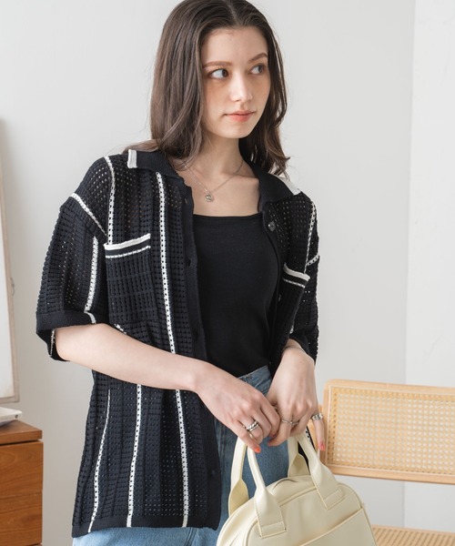 WEGO（ウィゴー）の「WEGO/ストライプメッシュニットシャツ（ニット/セーター・レディース・サックスブルー/ホワイト/ブラック・FREE）」の15枚目の写真