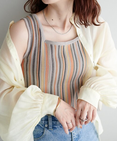 DISCOAT(ディスコート)の「【WEB限定】前後2WAYマルチストライプノースリ(タンクトップ・レディース・ライトベージュ/グリーン/オレンジ・FREE)」の7枚目の写真