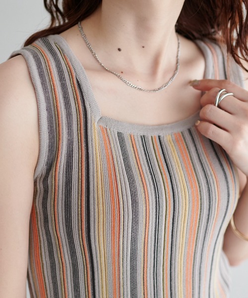 DISCOAT(ディスコート)の「【WEB限定】【前後2WAY】マルチストライプノースリーブ(タンクトップ・レディース・ライトベージュ/グリーン/オレンジ・FREE)」の11枚目の写真