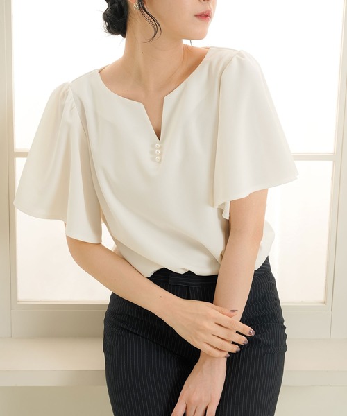 【接触冷感】フロントパールフレアブラウス