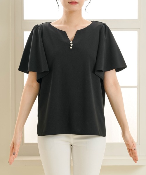 【接触冷感】フロントパールフレアブラウス
