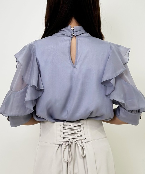 INGNI（イング）の「袖フリルラメシアー5分袖／ブラウス（シャツ/ブラウス・レディース・グレー系その他/オフホワイト/ピンク/サックスブルー・M）」の21枚目の写真