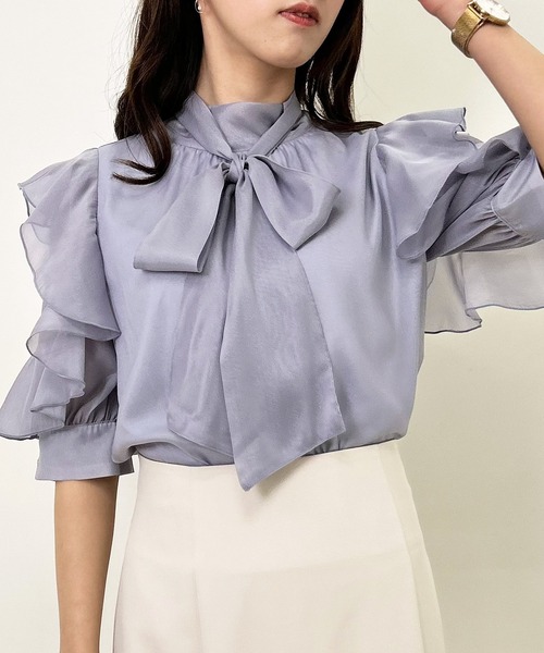 INGNI（イング）の「袖フリルラメシアー5分袖／ブラウス（シャツ/ブラウス・レディース・グレー系その他/オフホワイト/ピンク/サックスブルー・M）」の20枚目の写真