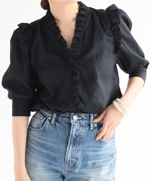 IENA◆×EMILY WEEK/ハーフスリーブシアーシャツ/コットン/BLU/無地/23050900851020 IENA × EMILY WEEK】ハーフスリーブシアーシャツの