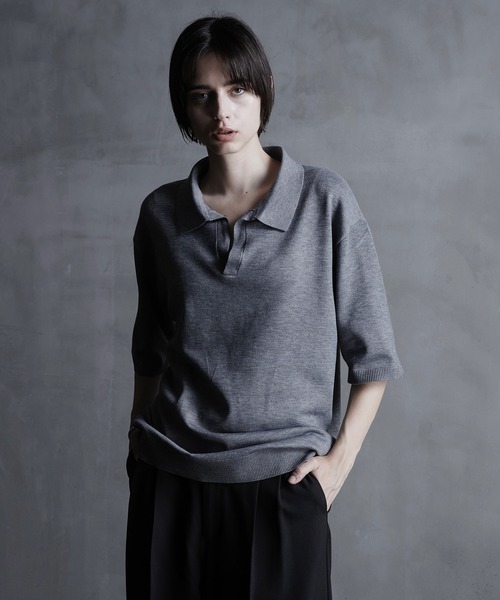CALLNE（カルネ）の「【CALLNE】Skipper Summer Knit Shirt/スキッパーサマーニットシャツ（ポロシャツ・メンズ・グレー/ブラック・M/L）」の9枚目の写真
