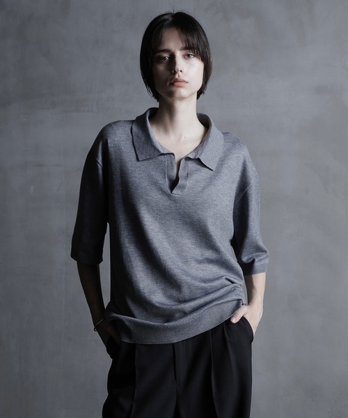 CALLNE（カルネ）の「【CALLNE】Skipper Summer Knit Shirt/スキッパーサマーニットシャツ（ポロシャツ・メンズ・グレー/ブラック・M/L）」の10枚目の写真