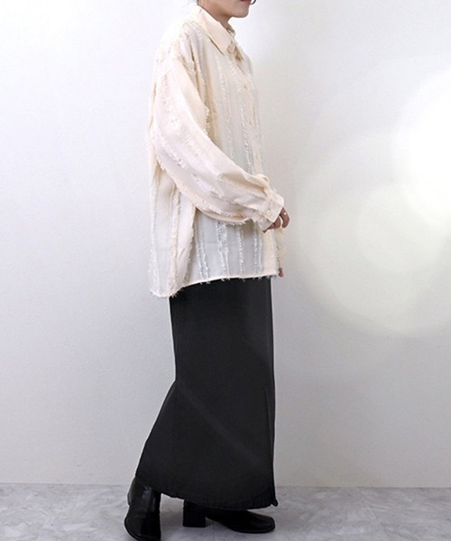 STYLEBLOCK（スタイルブロック）の「フリンジジャガードビッグシャツ（シャツ/ブラウス・レディース・ホワイト系その他/ブラック/ホワイト/パープル・M）」の6枚目の写真