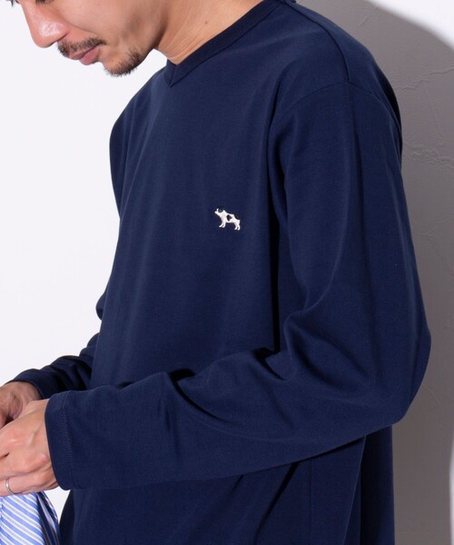 GLOSTER(グロスター)の「【GLOSTER/グロスター】フレンチブルドッグ刺繍 VネックロングスリーブTシャツ(Tシャツ/カットソー・メンズ・ホワイト/グリーン/ダークネイビー/ライトグレー・L/M/S)」の4枚目の写真