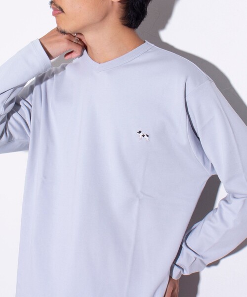 GLOSTER(グロスター)の「【GLOSTER/グロスター】フレンチブルドッグ刺繍 VネックロングスリーブTシャツ(Tシャツ/カットソー・メンズ・ホワイト/グリーン/ダークネイビー/ライトグレー・L/M/S)」の3枚目の写真