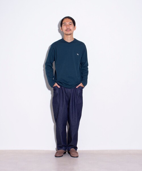 GLOSTER(グロスター)の「【GLOSTER/グロスター】フレンチブルドッグ刺繍 VネックロングスリーブTシャツ(Tシャツ/カットソー・メンズ・ホワイト/グリーン/ダークネイビー/ライトグレー・L/M/S)」の5枚目の写真
