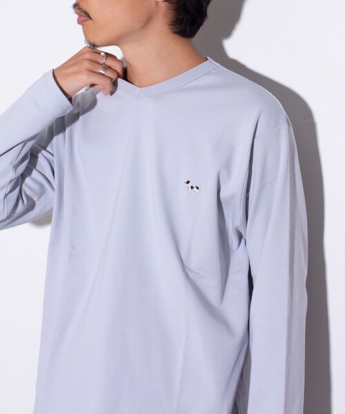 GLOSTER(グロスター)の「【GLOSTER/グロスター】フレンチブルドッグ刺繍 VネックロングスリーブTシャツ(Tシャツ/カットソー・メンズ・ホワイト/グリーン/ダークネイビー/ライトグレー・L/M/S)」の8枚目の写真
