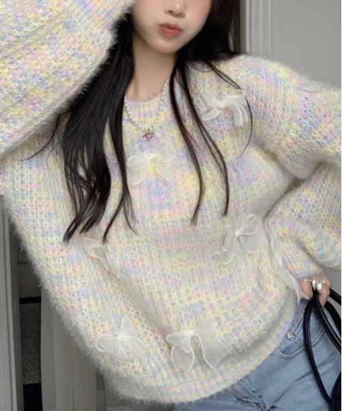ROOPTOKYO（ループトウキョウ）の「Ribbon motif mix knit / リボンモチーフミックスニット（ニット/セーター・レディース・ピンク/ブルー/イエロー・FREE）」の3枚目の写真