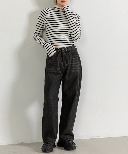 DAY CLOSET（デイ クローゼット）の「レディース サムホール付き配色デザインハイネックリブニットトップス（ニット/セーター・レディース・ブラック×ホワイト/ブラック/アイボリー/グレー・FREE）」の14枚目の写真