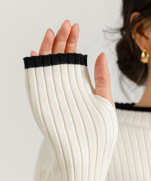 DAY CLOSET（デイ クローゼット）の「レディース サムホール付き配色デザインハイネックリブニットトップス（ニット/セーター・レディース・ブラック×ホワイト/ブラック/アイボリー/グレー・FREE）」の6枚目の写真
