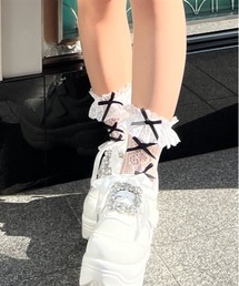 レース編みクルー丈ソックス