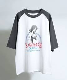 Soupy Soupy（スーピースーピー）の「【ユニセックス】オーバーサイズ ラグランスリーブ リンガー プリントTシャツ / 半袖 / 古着風 アメカジ（Tシャツ/カットソー）」