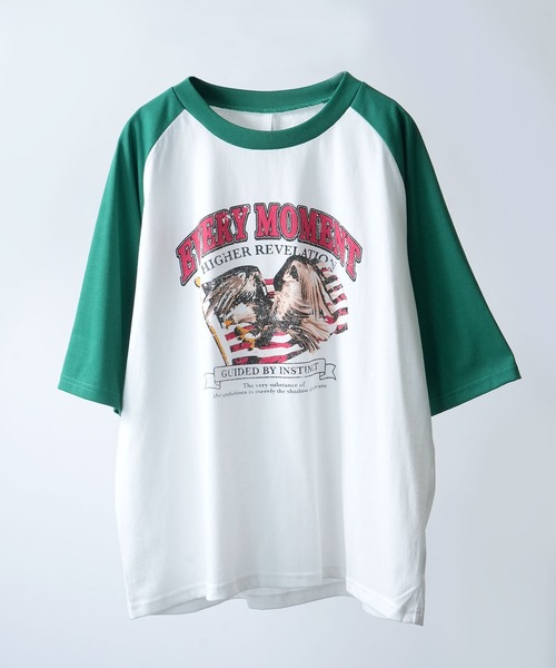 oversize raglan sleeve print T-shirt/オーバーサイズ ラグラン