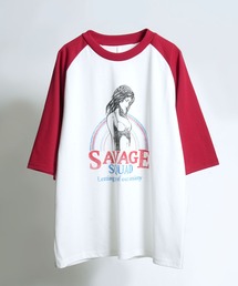 Soupy Soupy（スーピースーピー）の「【ユニセックス】オーバーサイズ ラグランスリーブ リンガー プリントTシャツ / 半袖 / 古着風 アメカジ（Tシャツ/カットソー）」
