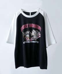 【ユニセックス】オーバーサイズ ラグランスリーブ リンガー プリントTシャツ / 半袖 / 古着風 アメカジ