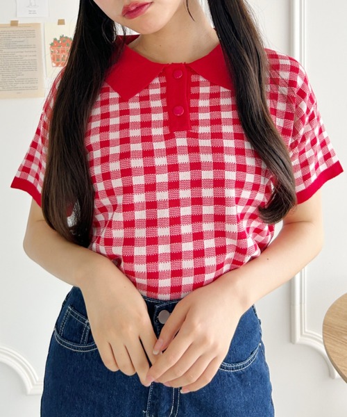 Loueme（ルエム）の「ギンガムチェックオーバーポロシャツ（ポロシャツ・レディース・ライトブルー/ブラック/ピンク/レッド・FREE）」の2枚目の写真