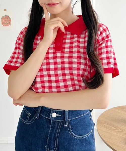 Loueme（ルエム）の「ギンガムチェックオーバーポロシャツ（ポロシャツ・レディース・ライトブルー/ブラック/ピンク/レッド・FREE）」の6枚目の写真
