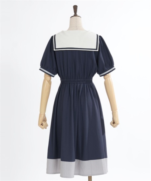 axes femme NOSTALGIE / レース襟付ジャガードワンピース M 紺 Y