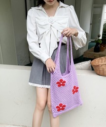 フラワー メッシュ ニット トートバッグ　A4サイズ