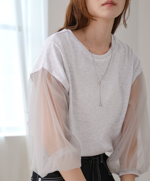 Bab(バブ)の「シアーボリュームスリーブトップス(Tシャツ/カットソー・レディース・グレー系その他2/ホワイト系その他/チャコールグレー/ベージュ・FREE)」の1枚目の写真